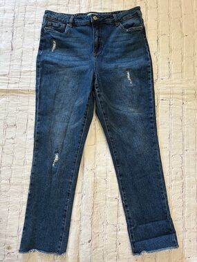 John Mark Denim High Rise Straight Leg Raw Hem Medium Wash Jeans Size 16 Stretch